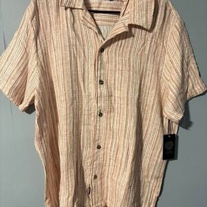Tan and cream short sleeve button-up shirt with a relaxed